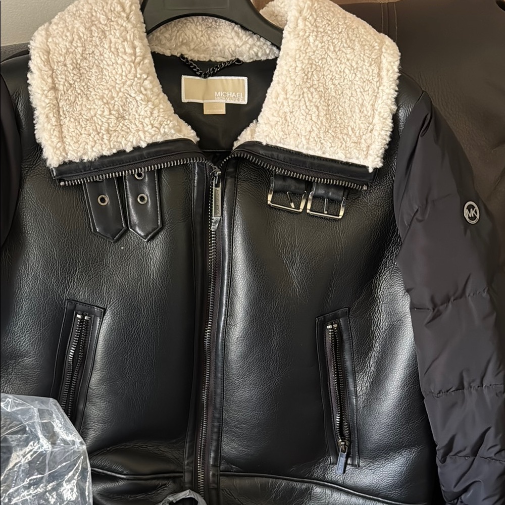 MCM Black Leather Jacket with Shearling Collar
